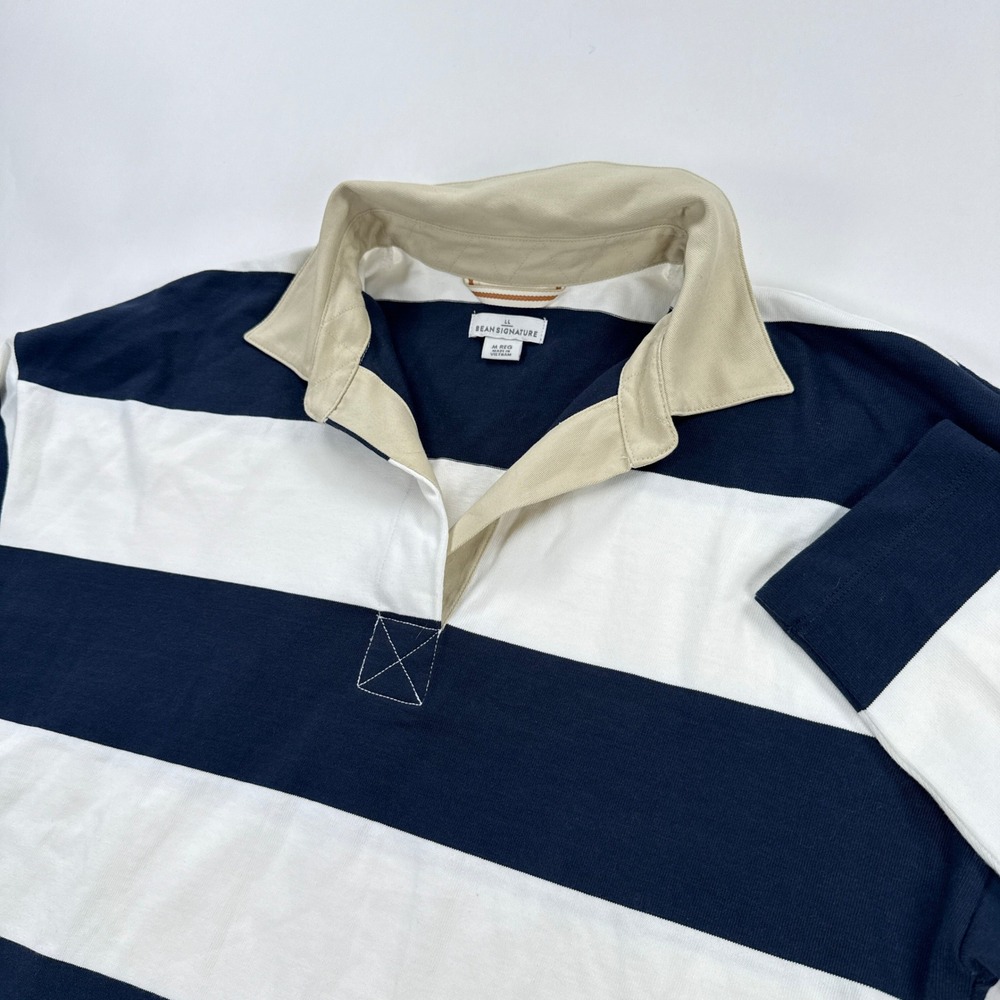 LL Bean Signature Rugby Shirt Womens Medium Navy Blue Striped Heavy Cotton